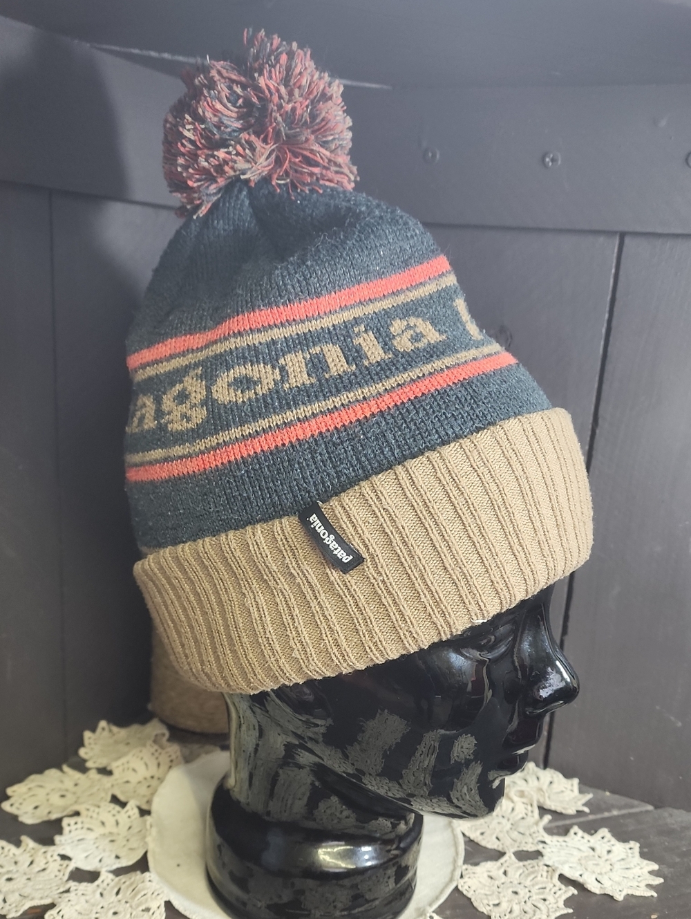 Patagonia Navy, Tan & Coral Pom Beanie